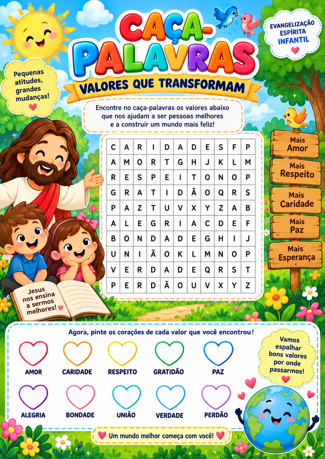 Atividade caça-palavras sobre valores